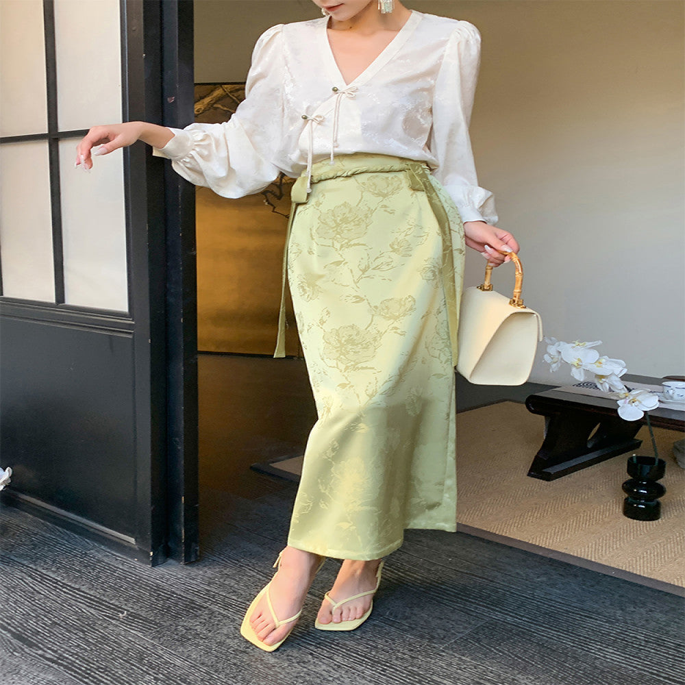 JWUNIQUE dimple green new Chinese style skirt female autumn 2025 high waist slim hip long skirt image 0