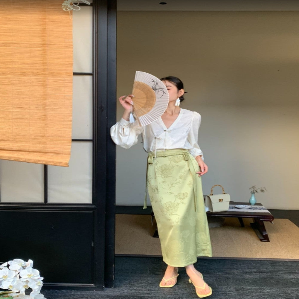 JWUNIQUE dimple green new Chinese style skirt female autumn 2025 high waist slim hip long skirt image 6