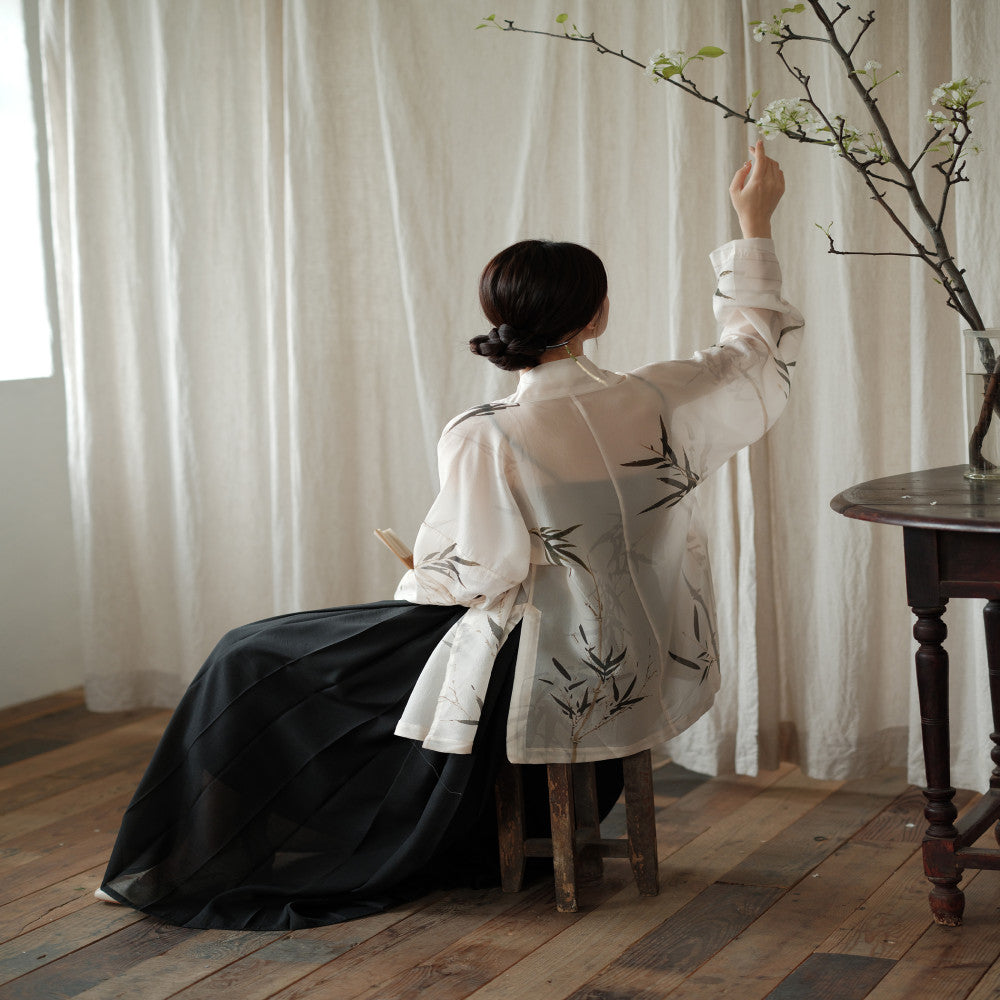 Blank Original Ink Bamboo Original Ming Dynasty Hanfu National Style Silk Acetate Non Wrinkled Narrow Sleeve Collar Short Shirt Ma Mian Skirt image 3