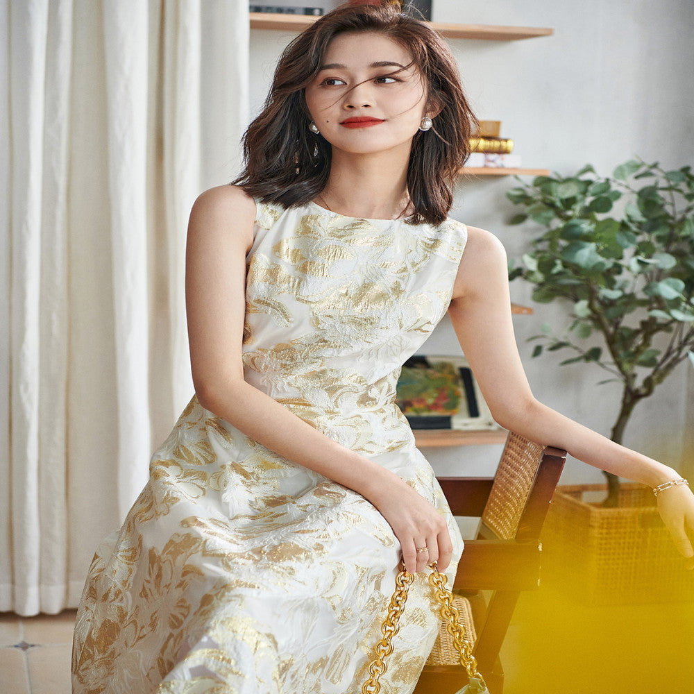 Thin and luxurious high waisted dress for women in spring 471 organza jacquard gold three dimensional embroidery socialite style long dress image 4