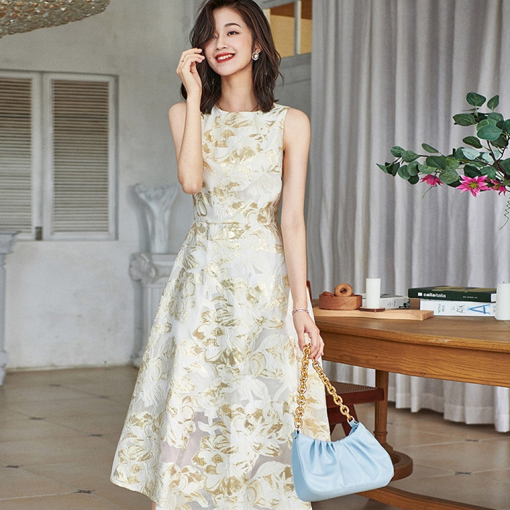Thin and luxurious high waisted dress for women in spring 471 organza jacquard gold three dimensional embroidery socialite style long dress image 21