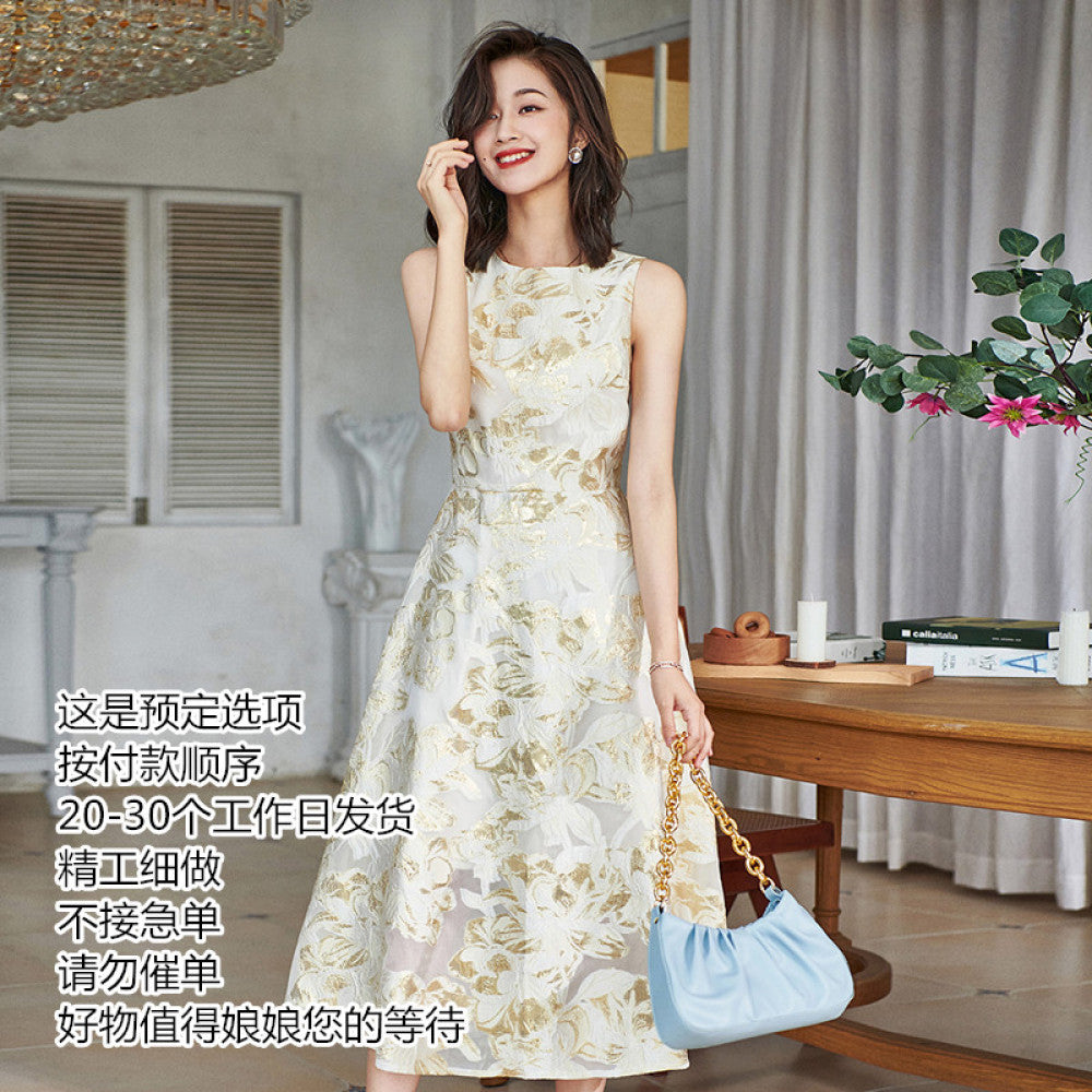 ASAYA3441 High-end light luxury high waist dress for women Spring 471 organza jacquard gold three-dimensional embroidery lady style long dress