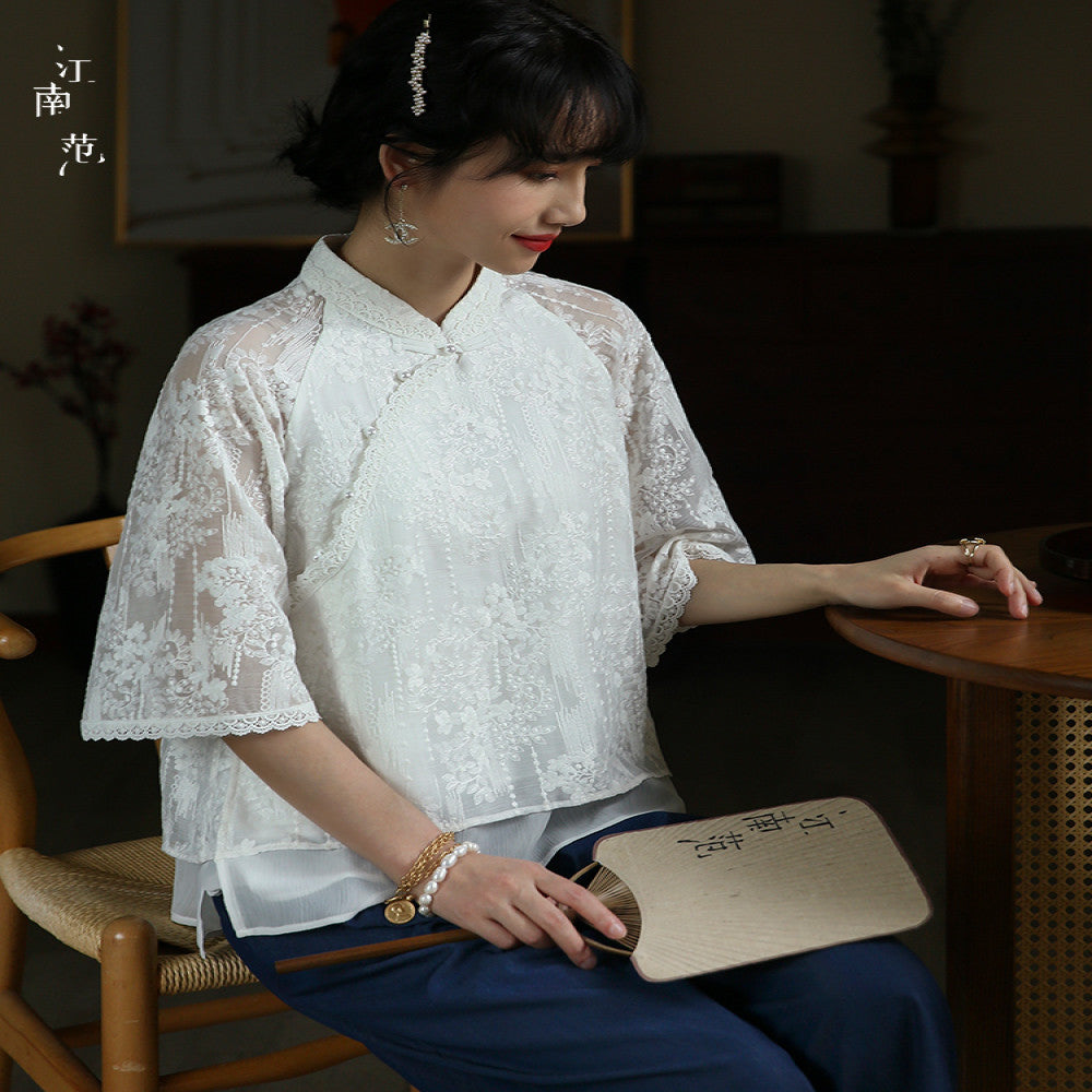 Jiangnan style white lace modified cheongsam short top Republic of China style retro elegant fresh tea dress blouse image 2
