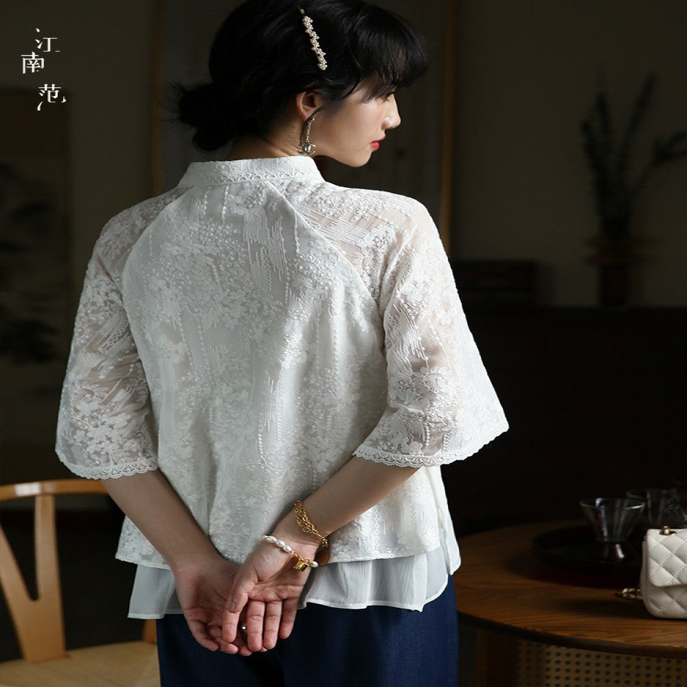 Jiangnan style white lace modified cheongsam short top Republic of China style retro elegant fresh tea dress blouse image 3