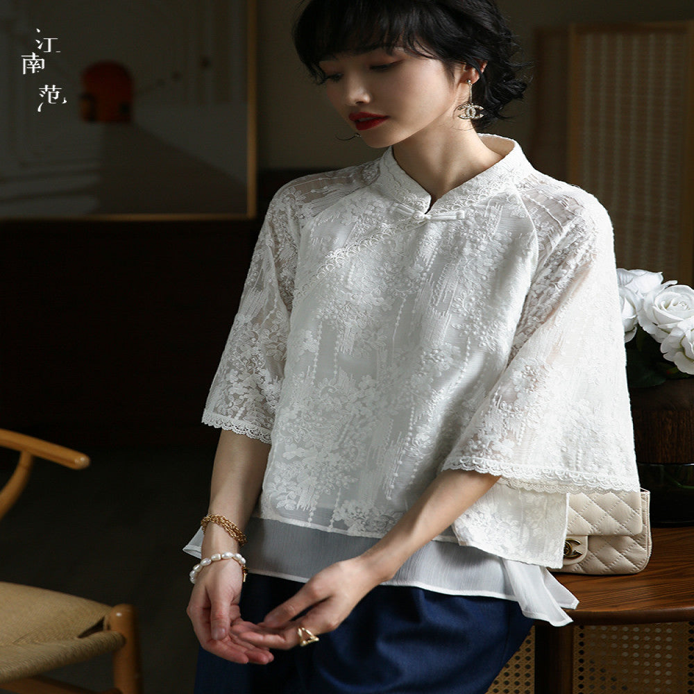 Jiangnan style white lace modified cheongsam short top Republic of China style retro elegant fresh tea dress blouse image 4