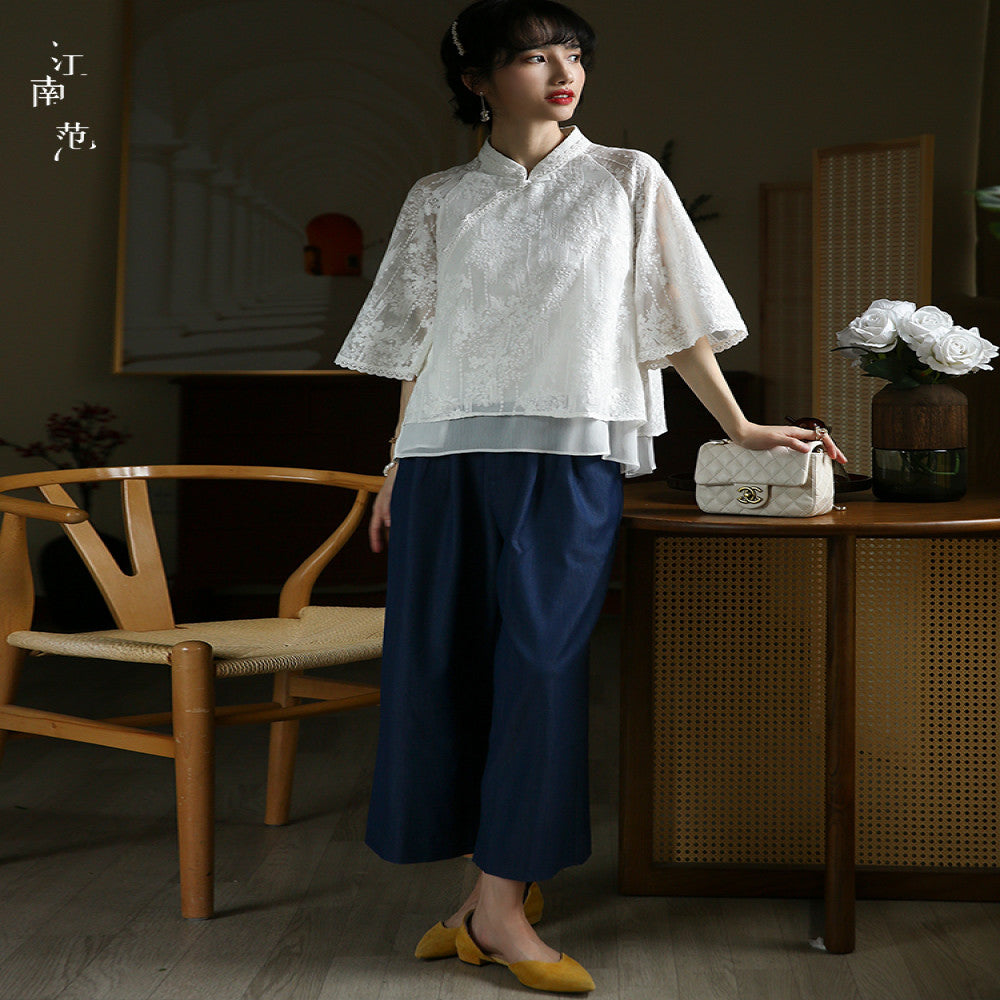 Jiangnan style white lace modified cheongsam short top Republic of China style retro elegant fresh tea dress blouse image 5