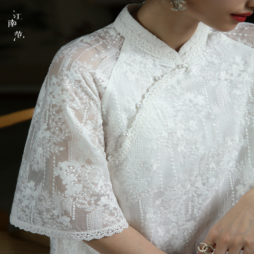 Jiangnan style white lace modified cheongsam short top Republic of China style retro elegant fresh tea dress blouse image 0