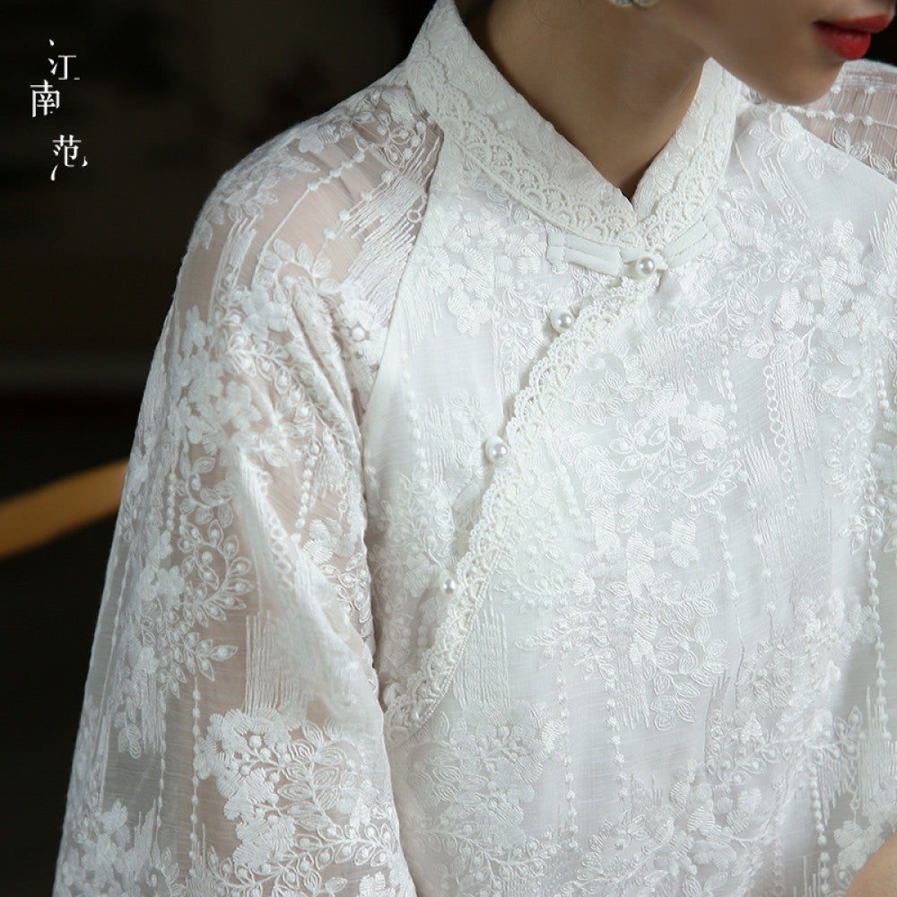 Jiangnan style white lace modified cheongsam short top Republic of China style retro elegant fresh tea dress blouse image 12