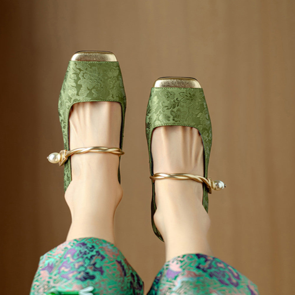 Mu Xiaoxi WvavW New Chinese Style Qipao High Heels Embroidered Satin Square Head French Mary Jane Single Shoes image 3