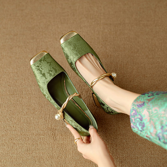 ASAYA3427 Chinese style high heels embroidered satin square head French Mary Jane single shoes for women