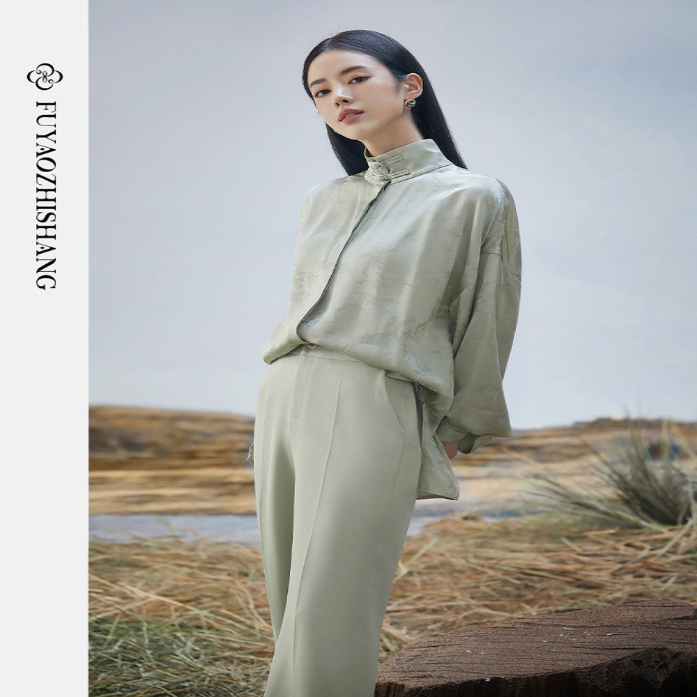 FUYAO New Chinese Style Silk Stand up Collar Shirt for Women 2025 Autumn New Fragrant Cloud Yarn Retro Top image 2