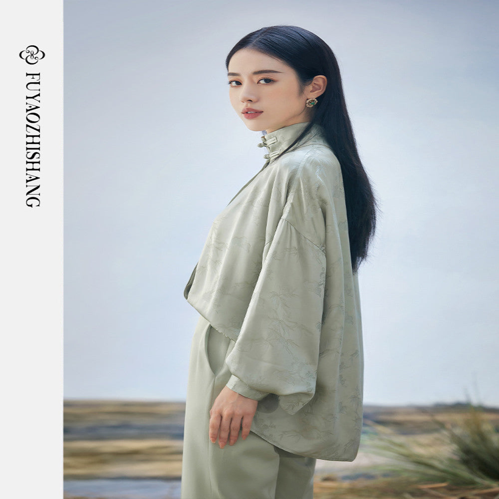 FUYAO New Chinese Style Silk Stand up Collar Shirt for Women 2025 Autumn New Fragrant Cloud Yarn Retro Top image 4