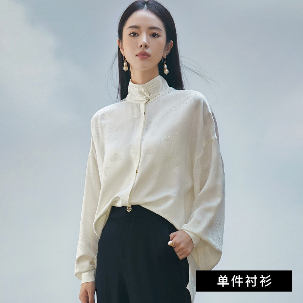FUYAO New Chinese Style Silk Stand up Collar Shirt for Women 2025 Autumn New Fragrant Cloud Yarn Retro Top image 14