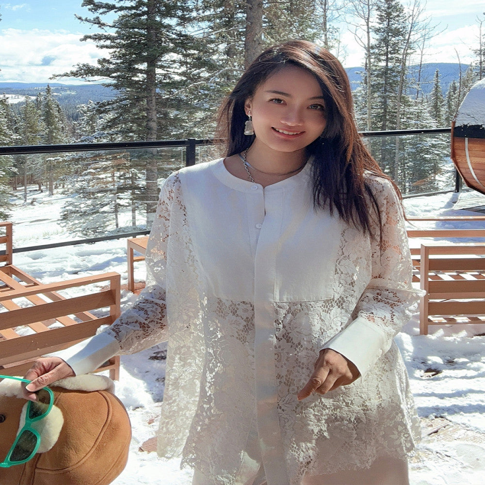 Navy Keys textured lace patchwork elegant shirt shirt design niche spring and summer new Le Musee image 3