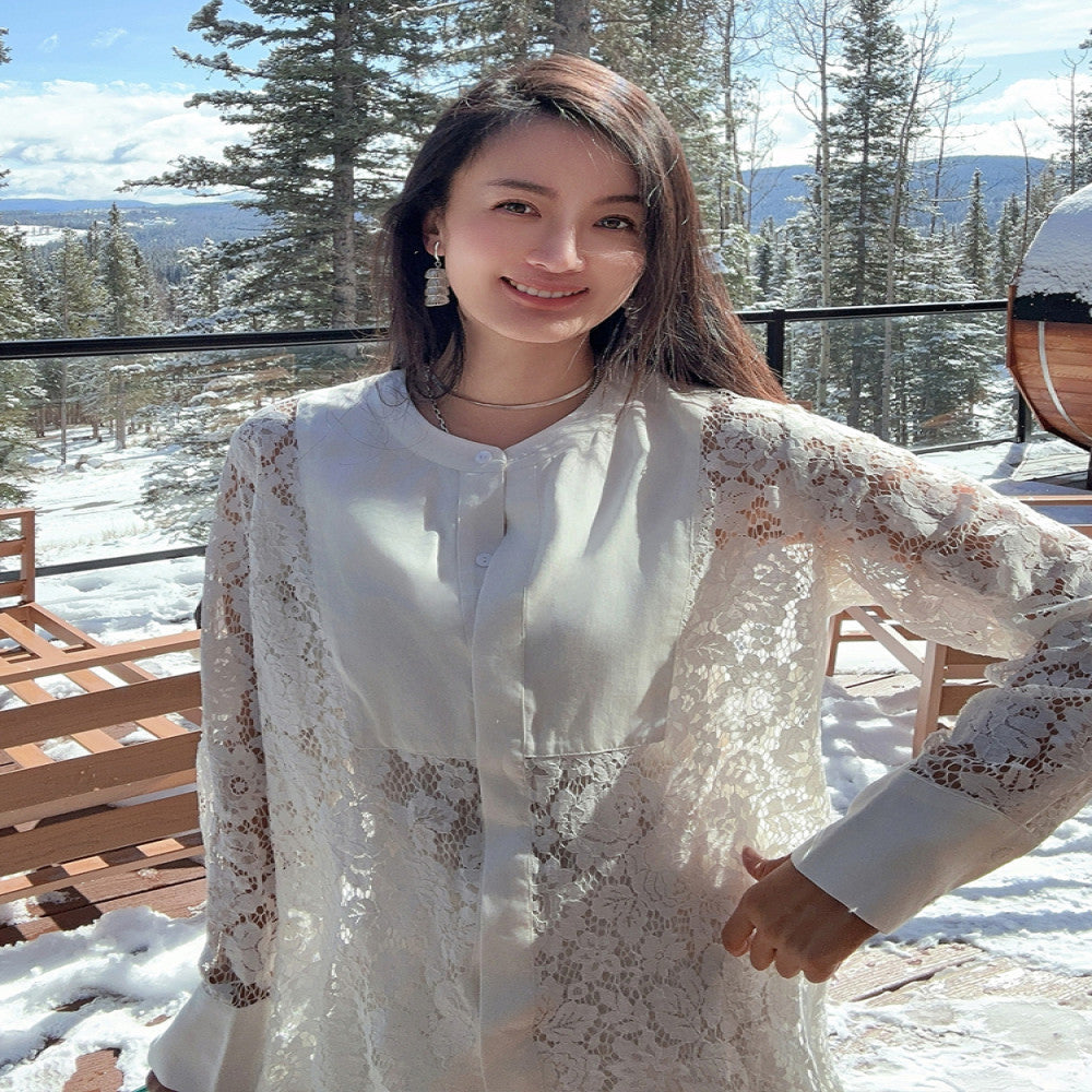 Navy Keys textured lace patchwork elegant shirt shirt design niche spring and summer new Le Musee image 0