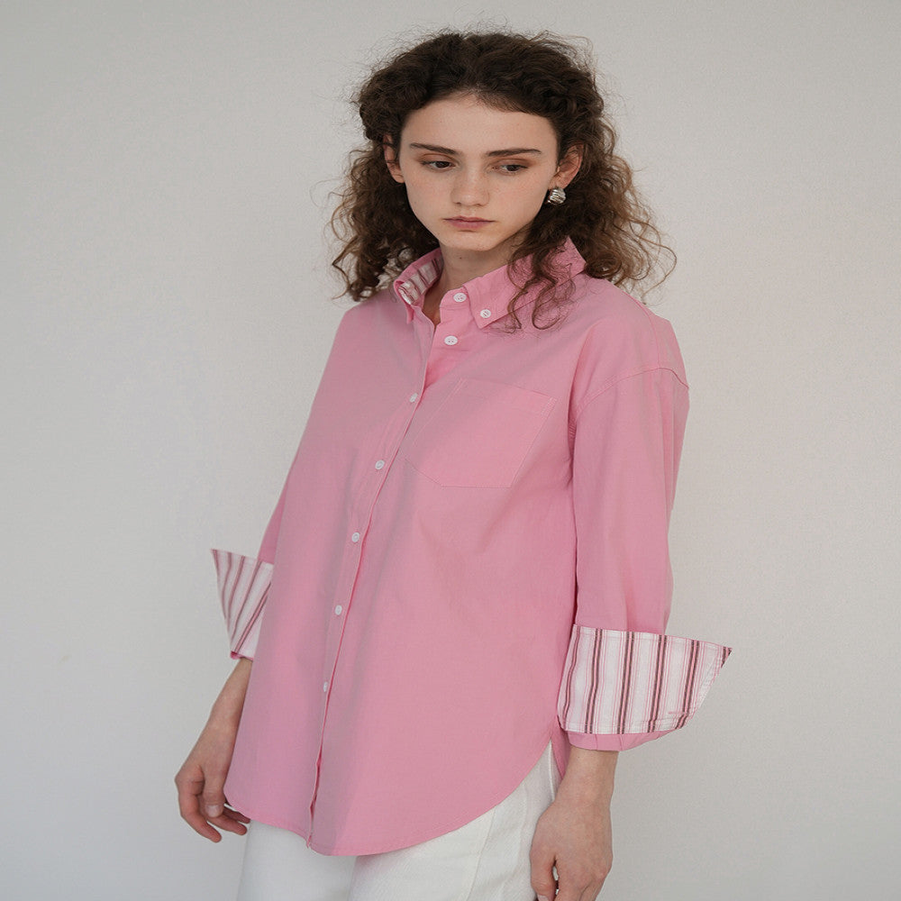 JILLA2024 summer pink cotton shirt with striped cuffs simple design and age reducing commuting sunscreen shirt image 2