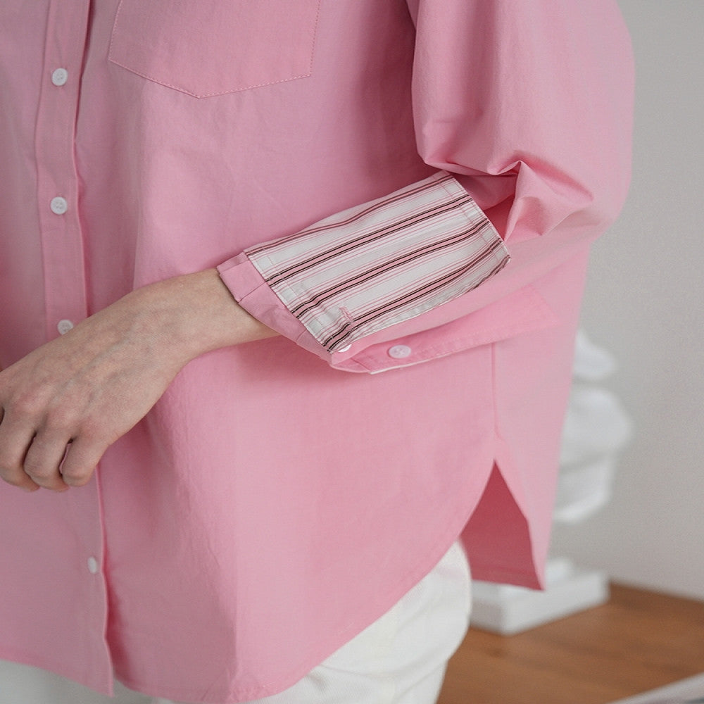 JILLA2024 summer pink cotton shirt with striped cuffs simple design and age reducing commuting sunscreen shirt image 3