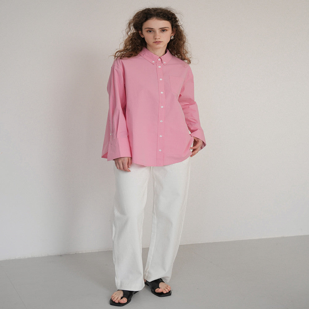 JILLA2024 summer pink cotton shirt with striped cuffs simple design and age reducing commuting sunscreen shirt image 4