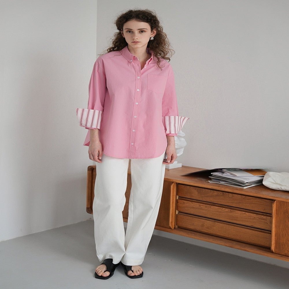 JILLA2024 summer pink cotton shirt with striped cuffs simple design and age reducing commuting sunscreen shirt image 5