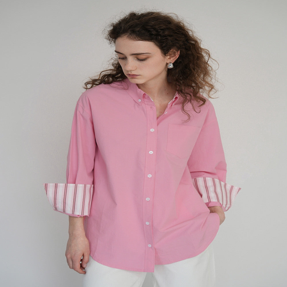 JILLA2024 summer pink cotton shirt with striped cuffs simple design and age reducing commuting sunscreen shirt image 0