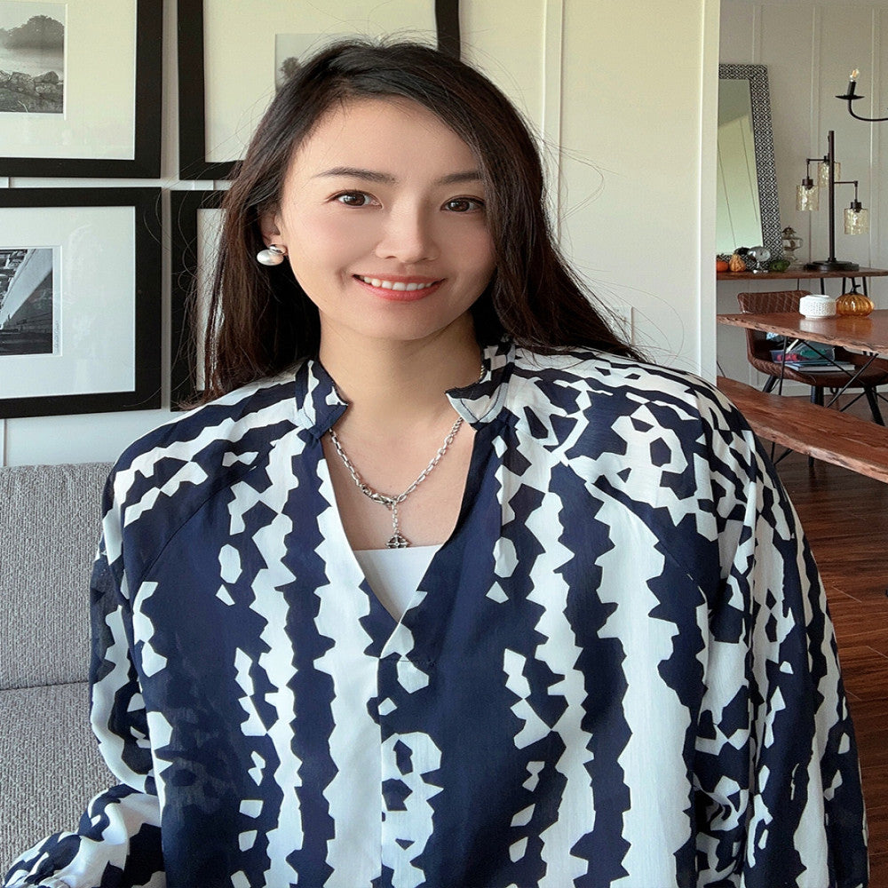 Navy Keys Lightweight Mulberry Silk Cotton V neck Elegant Thin Soft Shirt Loose Fashion Shirt Hoodie image 7