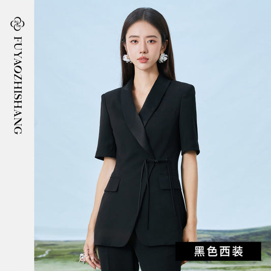 ASAYA3415 Black suit for women summer thin work clothes Chinese style waist button suit