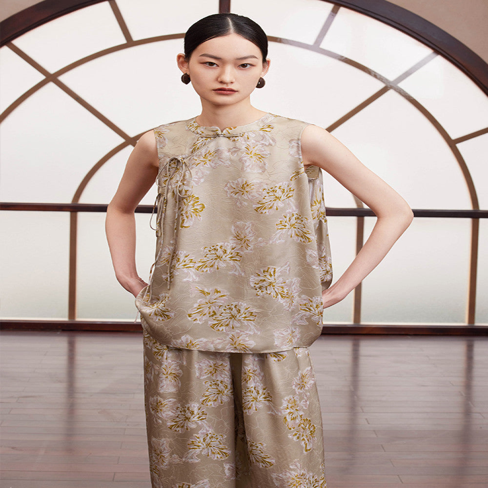 Ruyi Lianyun Summer Silk Blended Slant Hemp Jacquard Shirt for Women New Chinese Style Chinese Style Retro Lace up and Buckle Top image 2