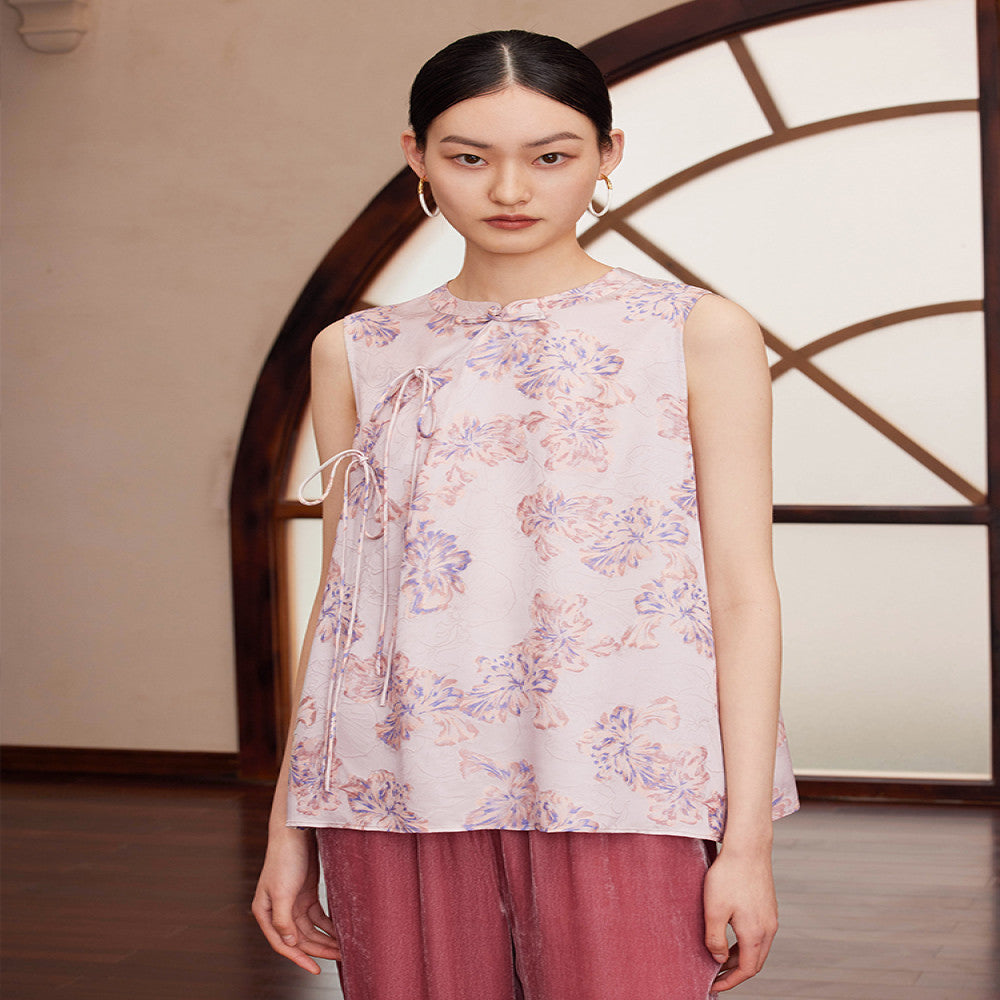 Ruyi Lianyun Summer Silk Blended Slant Hemp Jacquard Shirt for Women New Chinese Style Chinese Style Retro Lace up and Buckle Top image 3