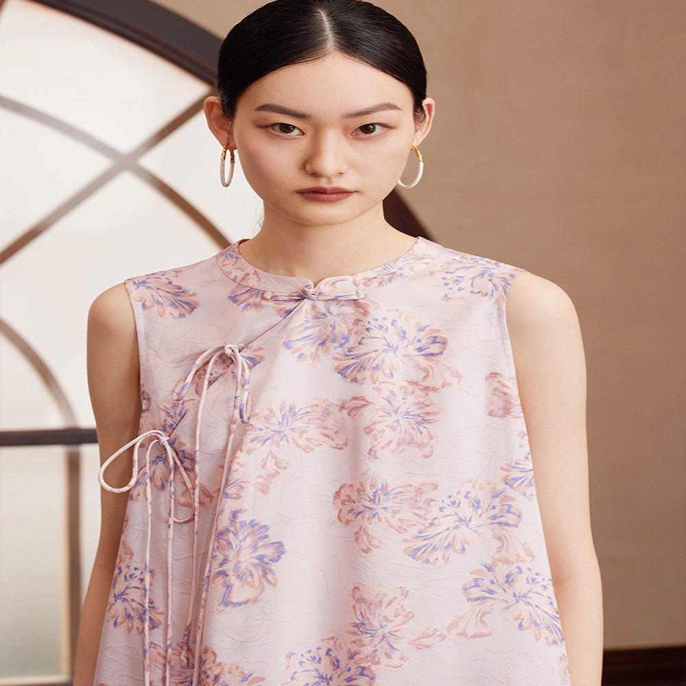 Ruyi Lianyun Summer Silk Blended Slant Hemp Jacquard Shirt for Women New Chinese Style Chinese Style Retro Lace up and Buckle Top image 5