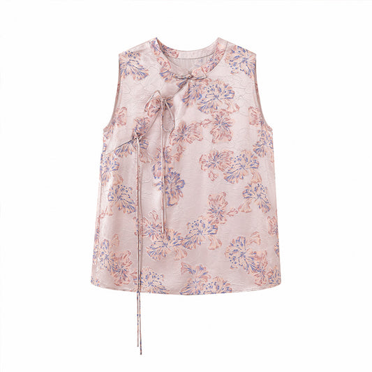 ASAYA3413 Summer silk blended oblique lapel jacquard shirt women‘s new Chinese style lace-up buttoned top