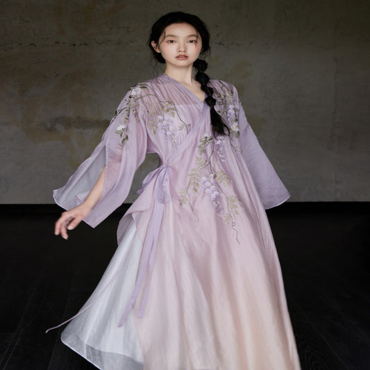 ASAYA3405 Hand-painted wisteria and camellia embroidery | Custom lilac gradient | Chinese robes and tube-top dresses