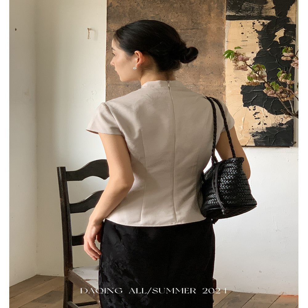 Xu Daqing s Bamboo Shadow New Chinese Bamboo Cheongsam Dress Top with Stand up Collar Embroidered Slimming Medium Length Jacquard image 3