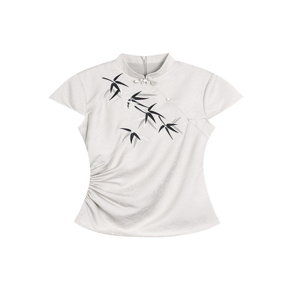 Xu Daqing s Bamboo Shadow New Chinese Bamboo Cheongsam Dress Top with Stand up Collar Embroidered Slimming Medium Length Jacquard image 5