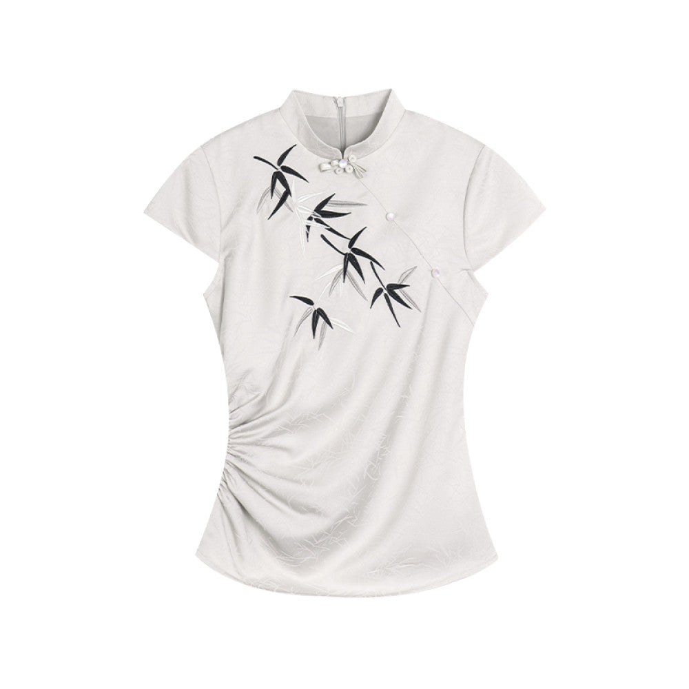 Xu Daqing s Bamboo Shadow New Chinese Bamboo Cheongsam Dress Top with Stand up Collar Embroidered Slimming Medium Length Jacquard image 15