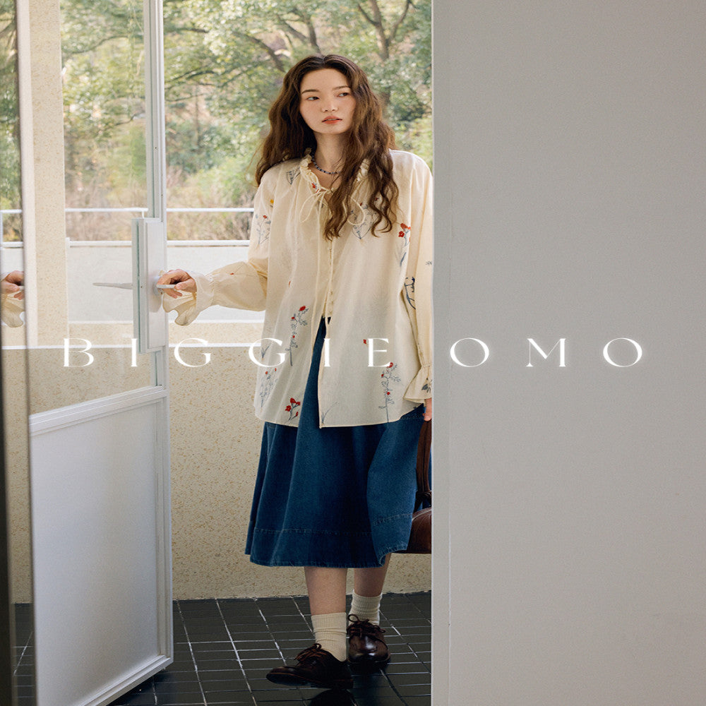 Biggiemo 5 years Nordic Carnation Heavy Industry pleated design style temperament embroidery shirt women s shirt image 2