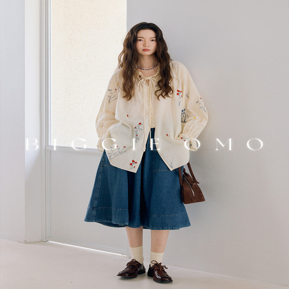 Biggiemo 5 years Nordic Carnation Heavy Industry pleated design style temperament embroidery shirt women s shirt image 3