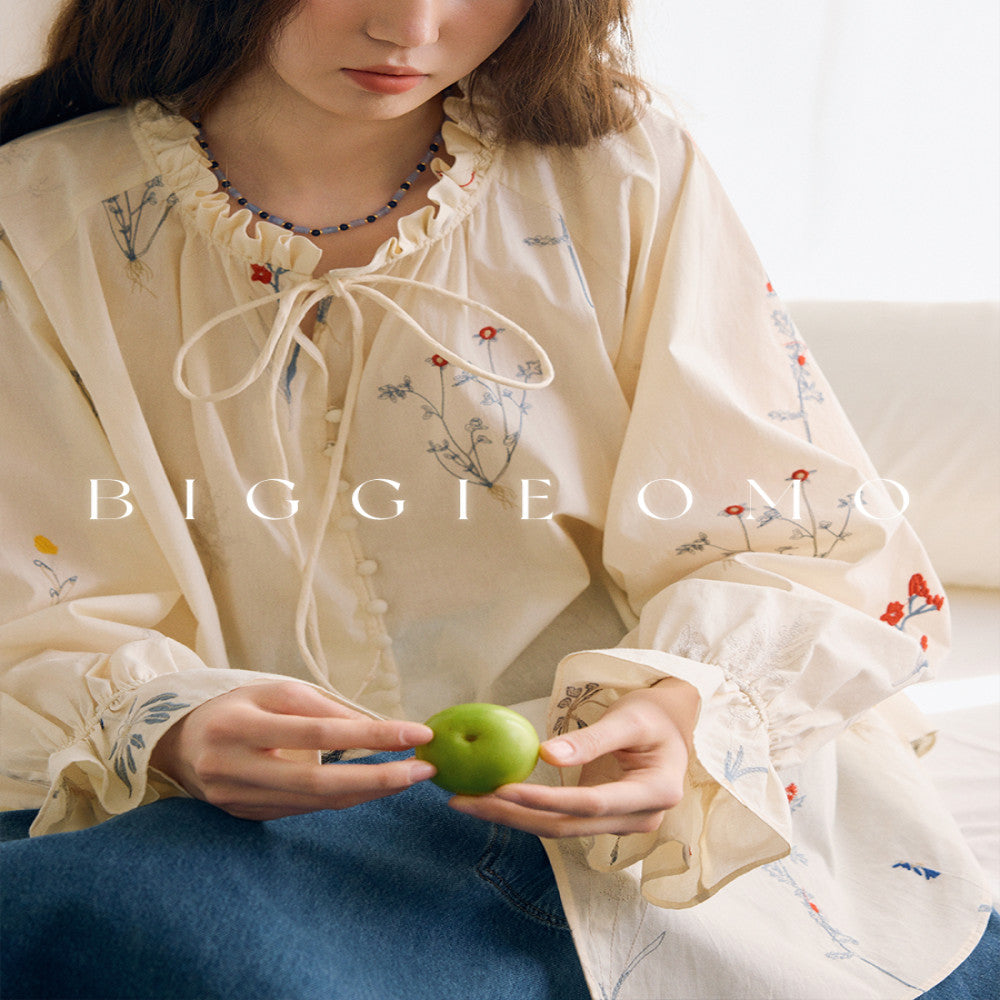 Biggiemo 5 years Nordic Carnation Heavy Industry pleated design style temperament embroidery shirt women s shirt image 5
