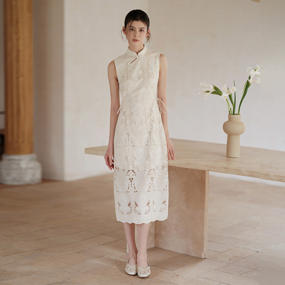 New Chinese style and improved cheongsam for women in the summer of 2025 featuring delicate lace hollow waist dresses image 7