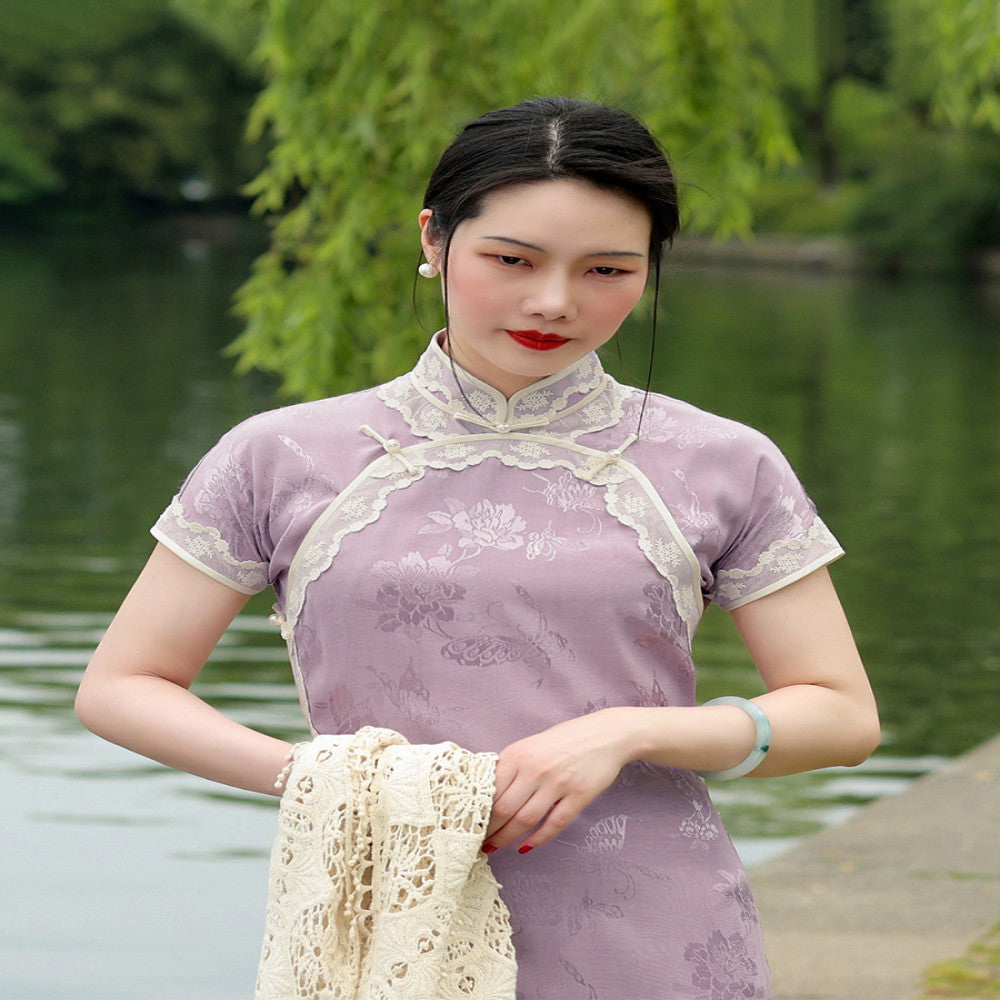 Zhixian Top Ulara Jacquard Satin Summer Style Double Breasts Daily Ancient Method Fully Open Unlimited Cheongsam image 2