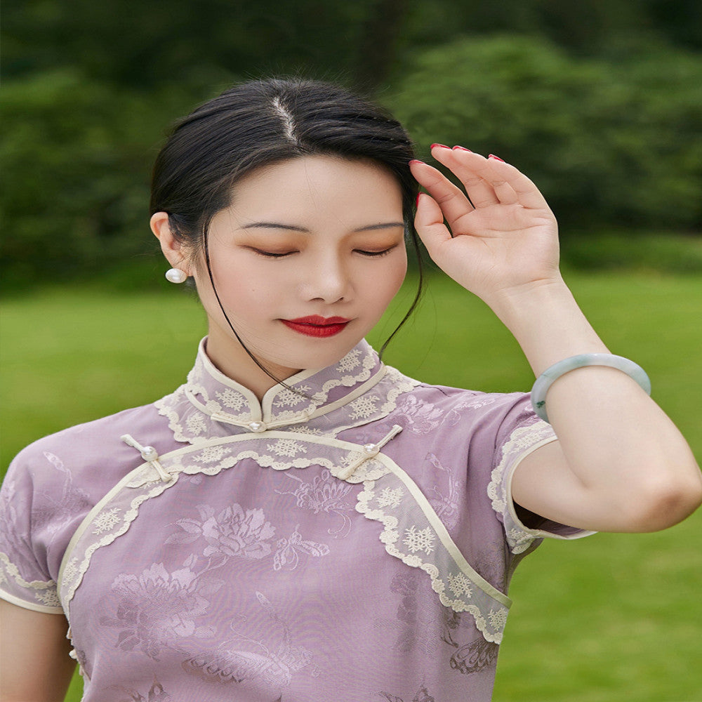 Zhixian Top Ulara Jacquard Satin Summer Style Double Breasts Daily Ancient Method Fully Open Unlimited Cheongsam image 3