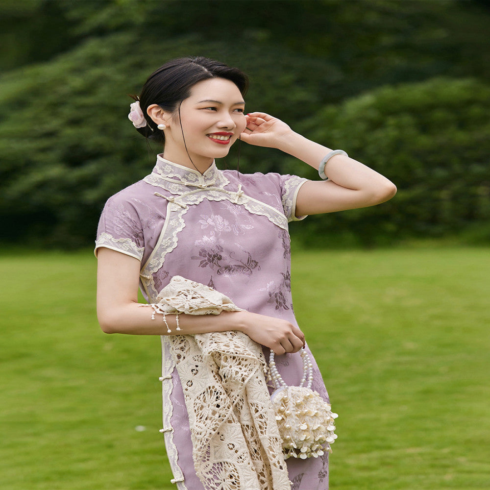 Zhixian Top Ulara Jacquard Satin Summer Style Double Breasts Daily Ancient Method Fully Open Unlimited Cheongsam image 9