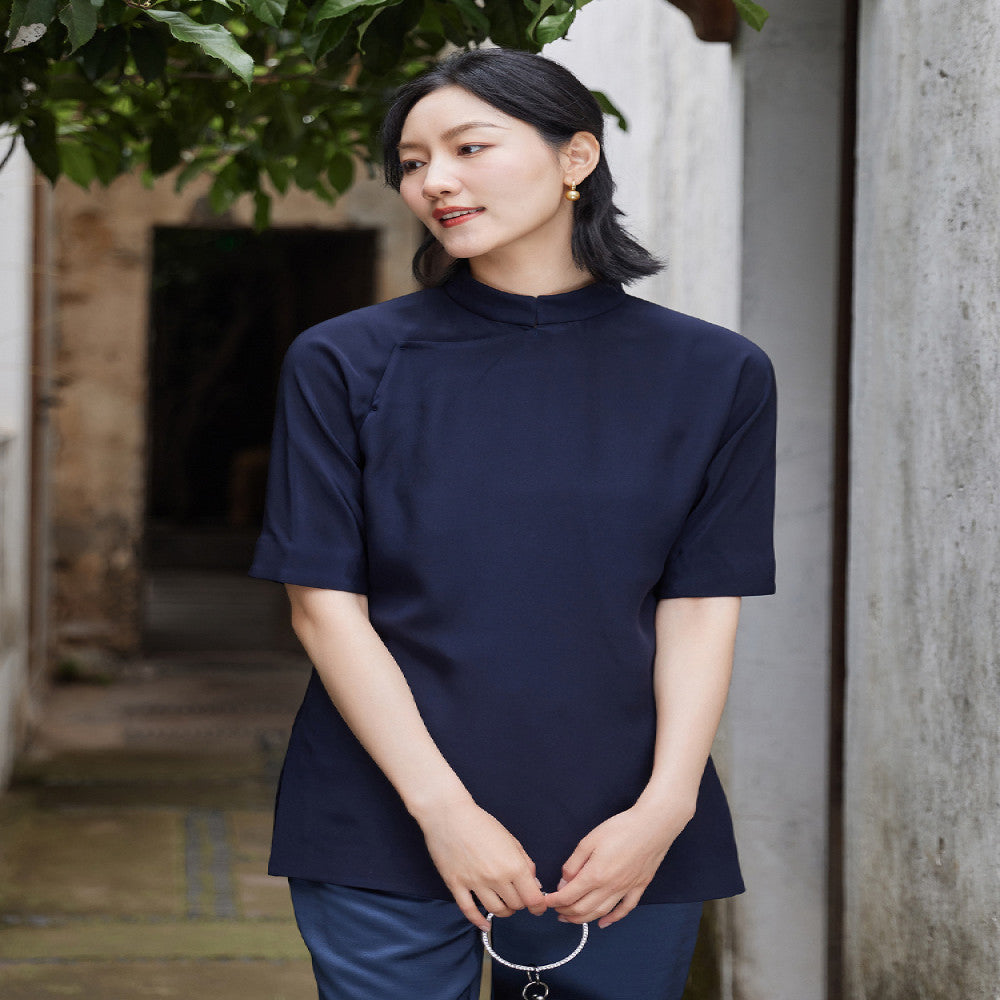 Heavy duty silk and heavy crepe satin summer women s top new Chinese retro sloping collar improved shirt stand up collar for slimming Tang style outfit image 2