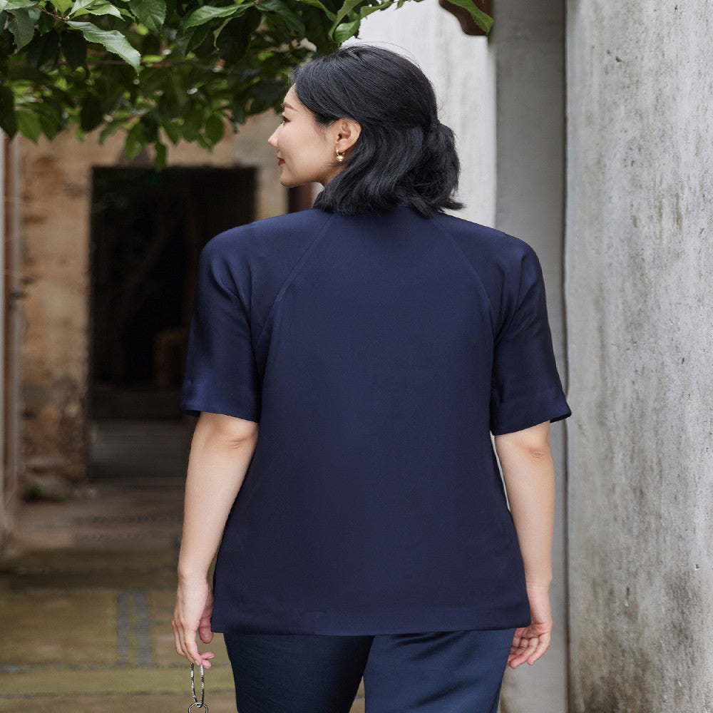 Heavy duty silk and heavy crepe satin summer women s top new Chinese retro sloping collar improved shirt stand up collar for slimming Tang style outfit image 3