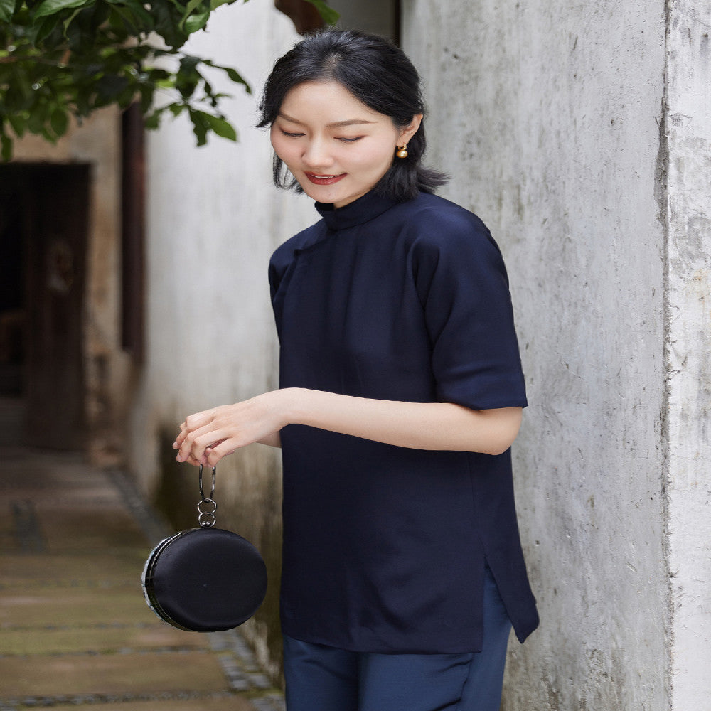 Heavy duty silk and heavy crepe satin summer women s top new Chinese retro sloping collar improved shirt stand up collar for slimming Tang style outfit image 4