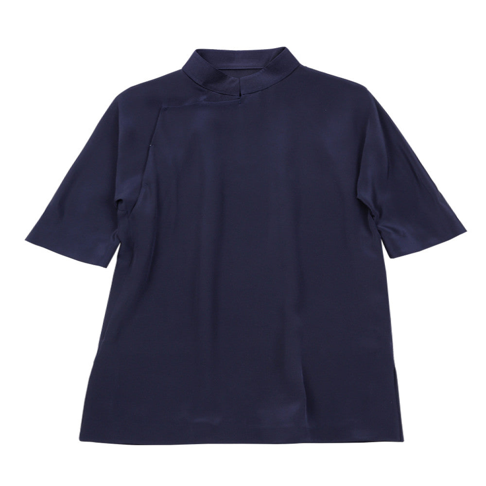 Heavy duty silk and heavy crepe satin summer women s top new Chinese retro sloping collar improved shirt stand up collar for slimming Tang style outfit image 5