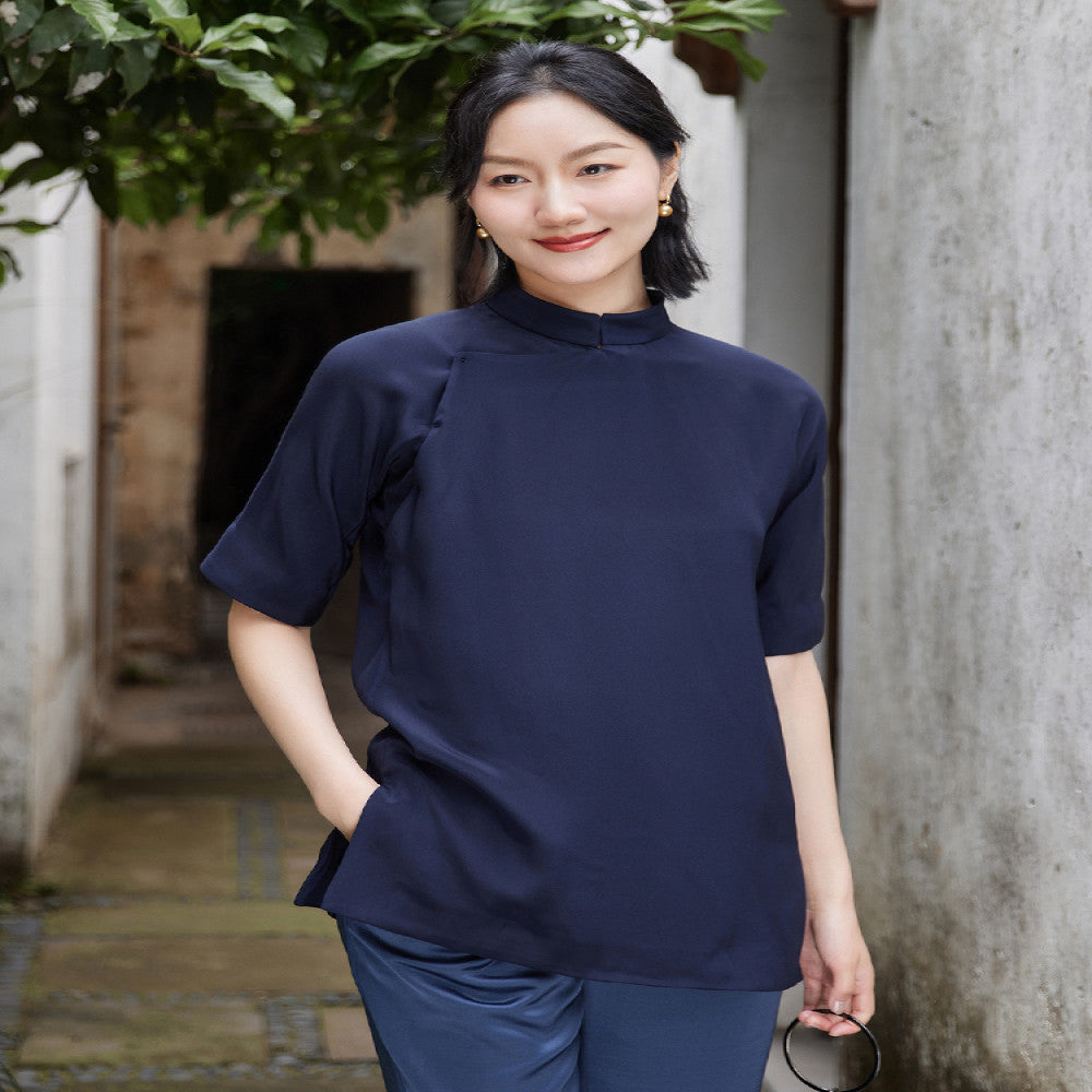 Heavy duty silk and heavy crepe satin summer women s top new Chinese retro sloping collar improved shirt stand up collar for slimming Tang style outfit image 0