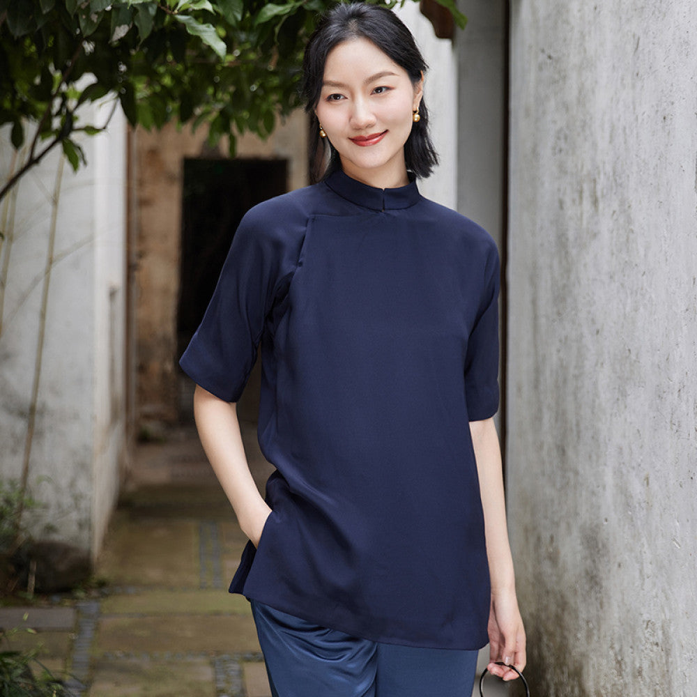 Heavy duty silk and heavy crepe satin summer women s top new Chinese retro sloping collar improved shirt stand up collar for slimming Tang style outfit image 12
