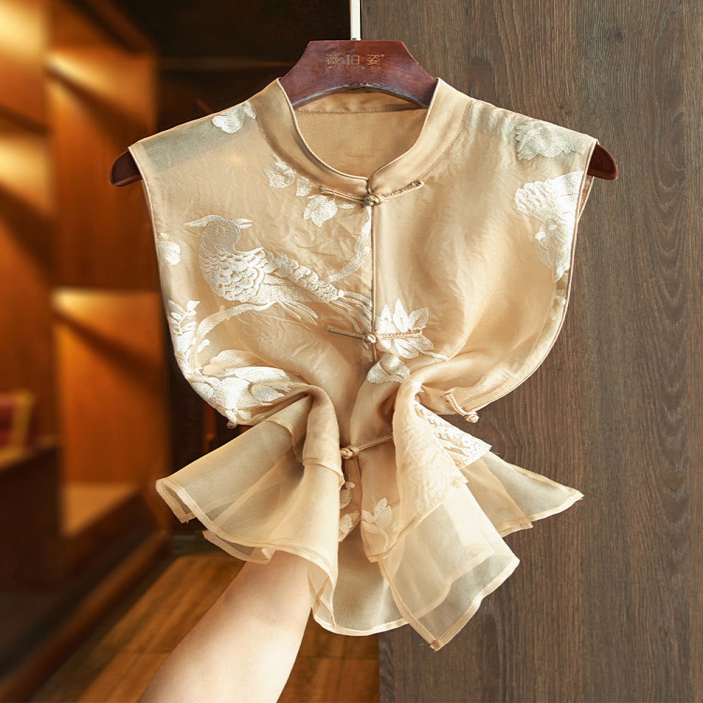 Khaki high end silk Chinese style vest summer style women s thin super beautiful heavy embroidery mulberry silk new Chinese style top image 2