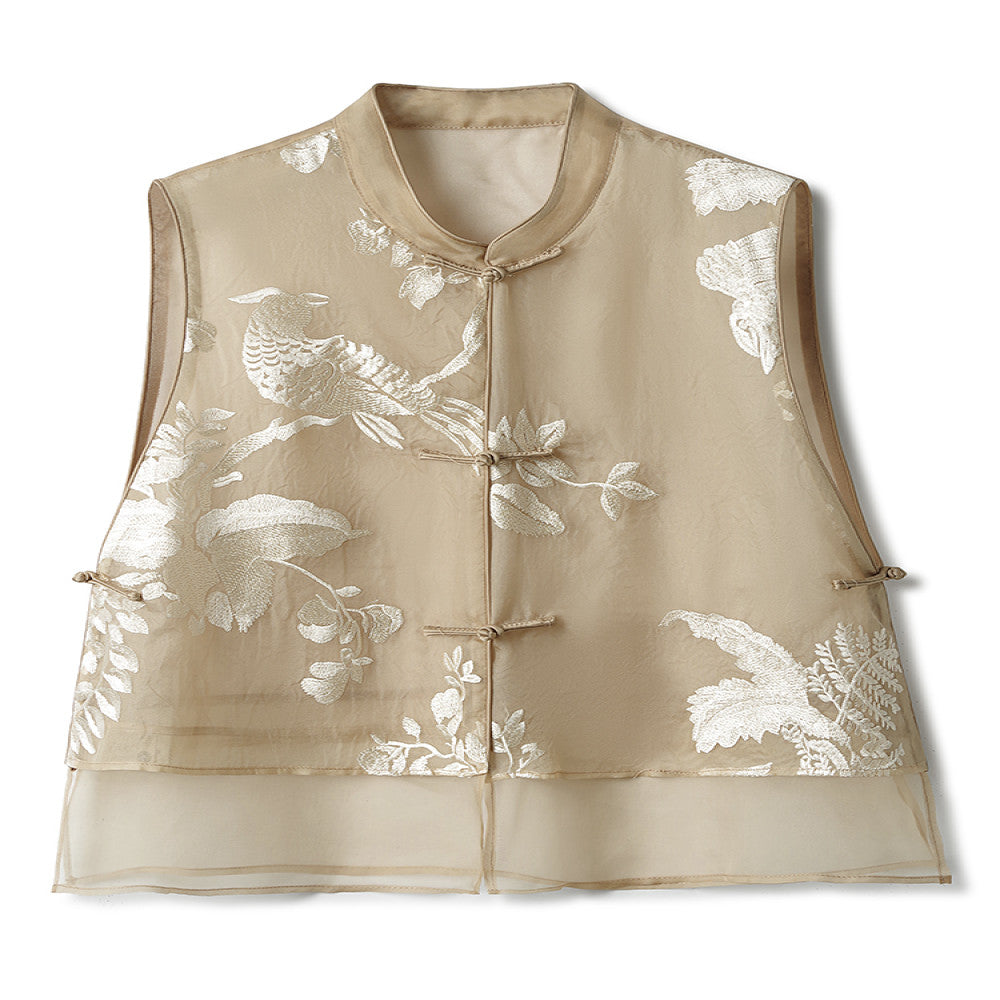 Khaki high end silk Chinese style vest summer style women s thin super beautiful heavy embroidery mulberry silk new Chinese style top image 5