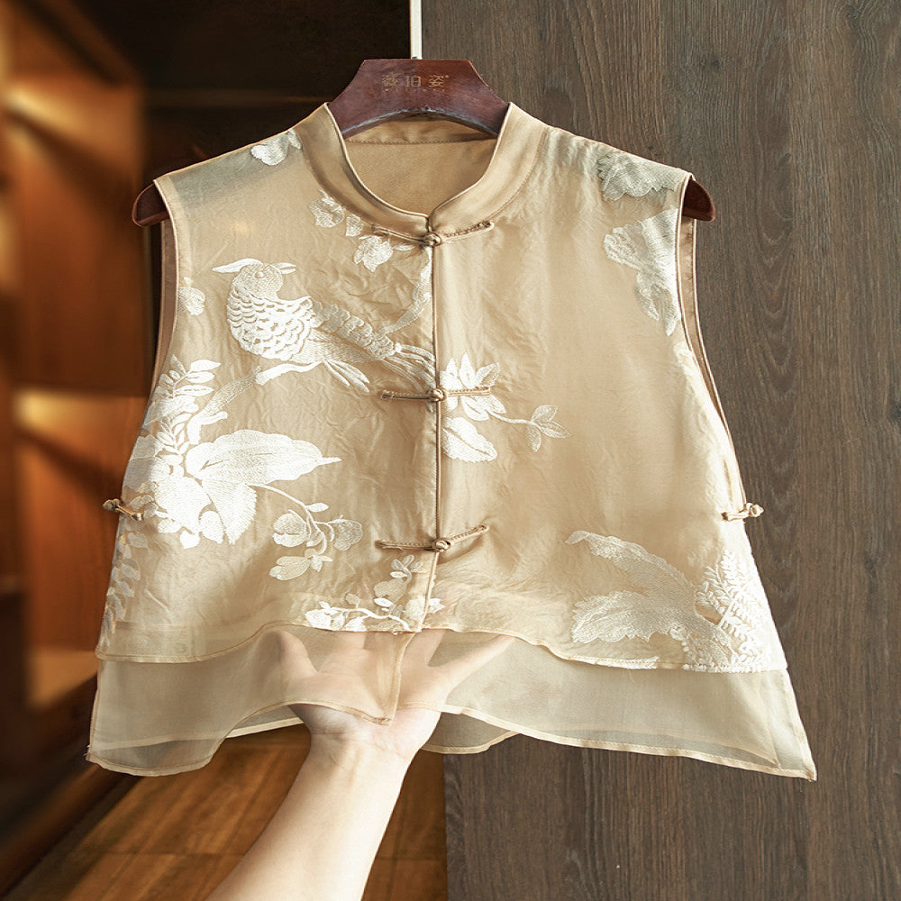 Khaki high end silk Chinese style vest summer style women s thin super beautiful heavy embroidery mulberry silk new Chinese style top image 0